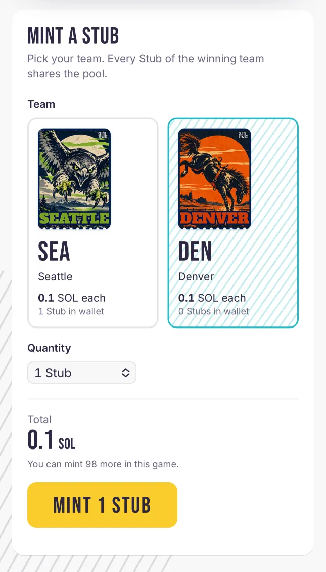 The Mint a Stub panel: choose Seattle or Denver, pick a quantity and mint