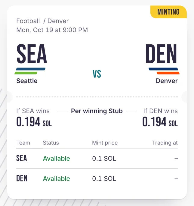 A game card in the ClubStubs app: Seattle vs Denver, minting, with the payout per winning Stub for each team